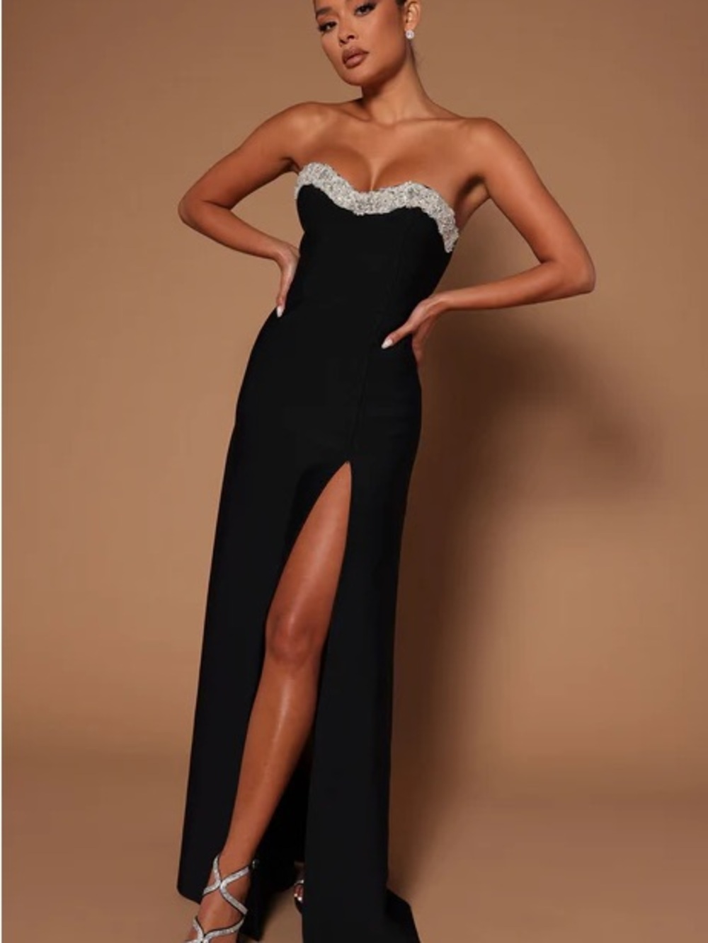 Fashion Nova Black Strapless Gown with Silver Crystal Trim